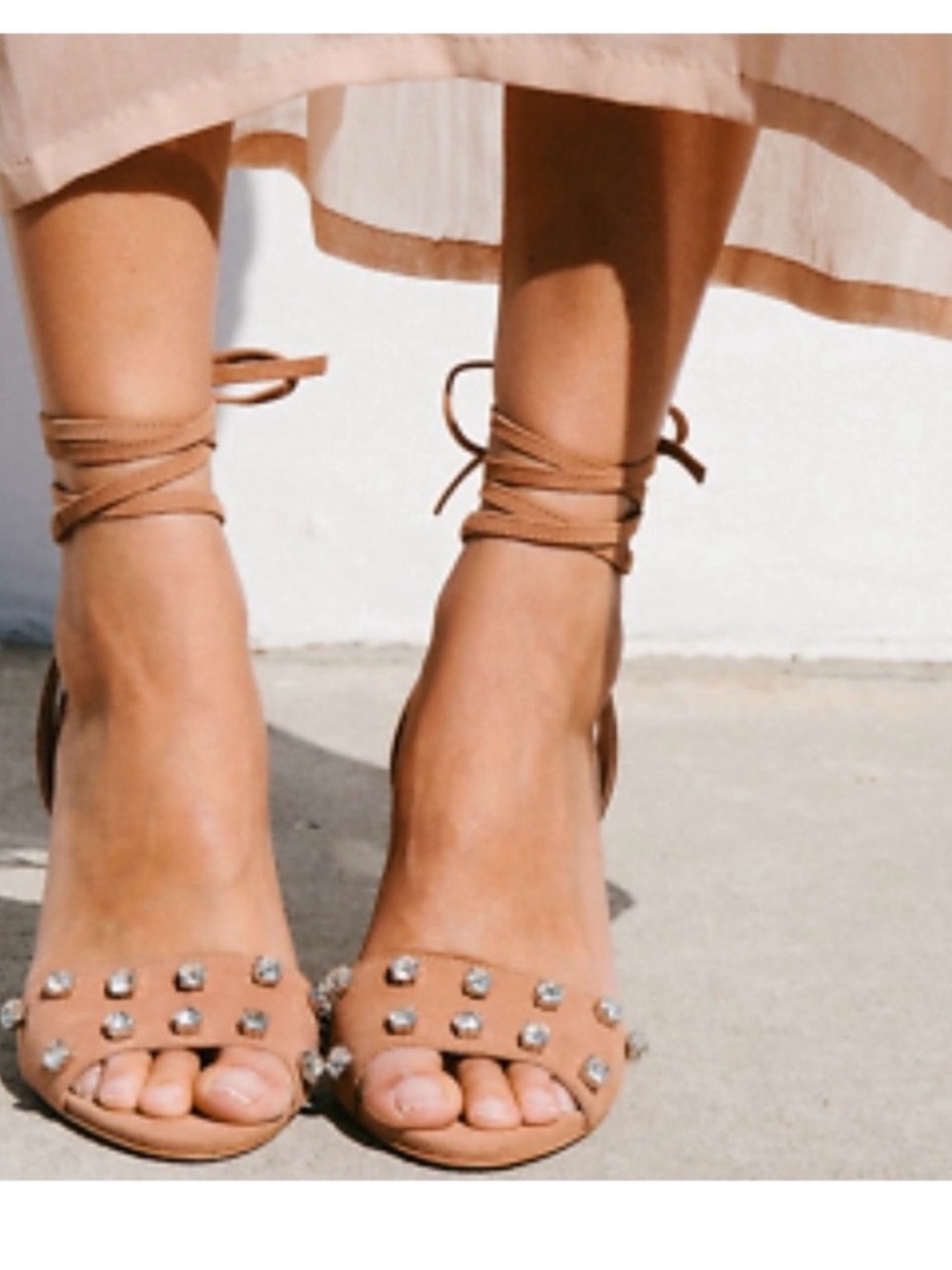 Loeffler Randall || Elayna Heeled Wrap Sandals Crystal Embellished Suede Tan